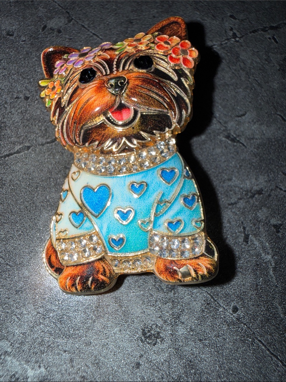 Cute Dog Brooch Pin in Turquoise Heart Sweater - Gold Tone